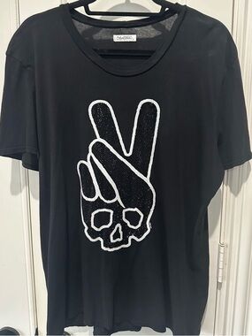 Lauren Moshi Black Tee with White Beaded Peace Skull Graphic